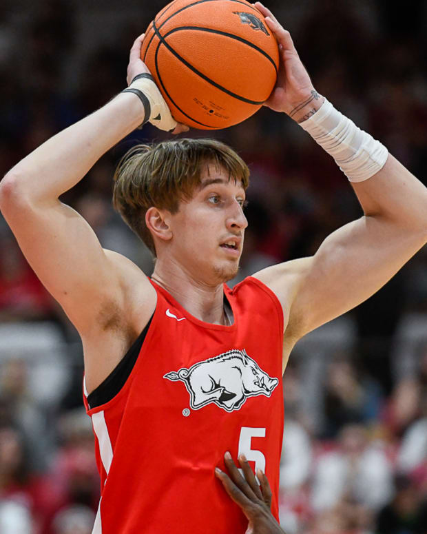 Joseph Pinion examines the offense during the Red-White game in Barnhill Arena. He led all scorers with 20 points, including 3-of-4 from beyond the arc.